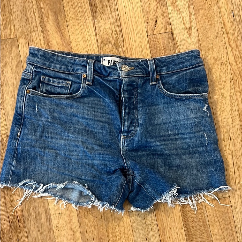 PAIGE High-Rise Noella Frayed Hem Denim Shorts - Blue